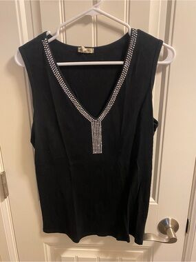 One Clothing L Tank Top Black Ribbed Bling Rhinestone Shirt Large Lg USA Made